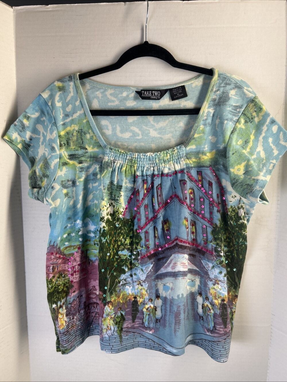Take Two Shirt Womens XL Sequin Embellished Boats Scenic Waterfront Top Cotton
